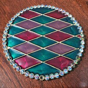 RARE JAY STRONGWATER PLAID ARGYLE HARLEQUIN CRYSTAL ENAMEL BAR DRINK COASTER